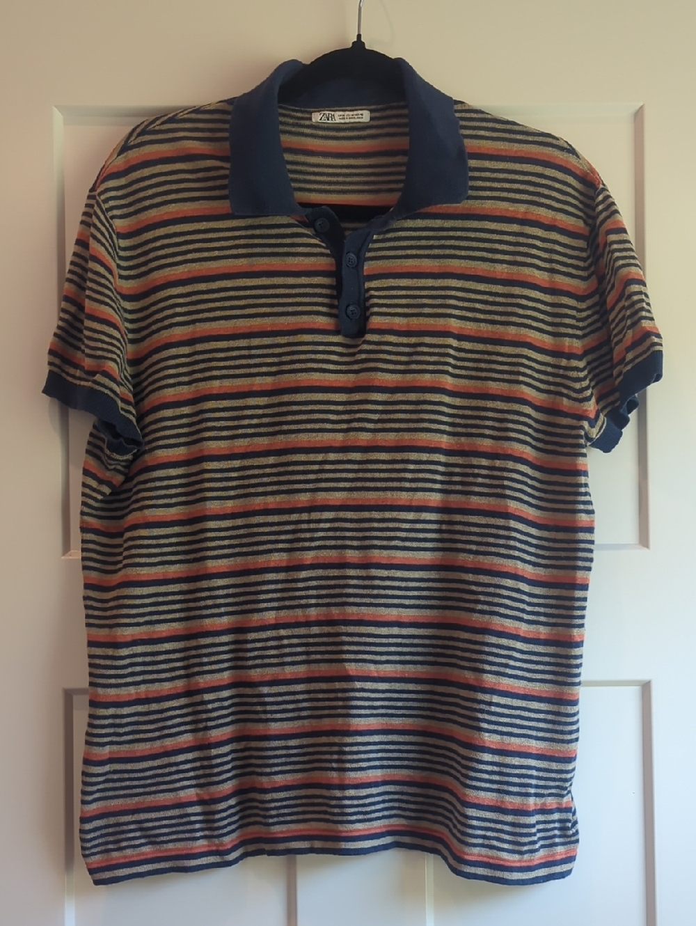 Zara Men's Blue, Gray & Orange Striped Knit Polo